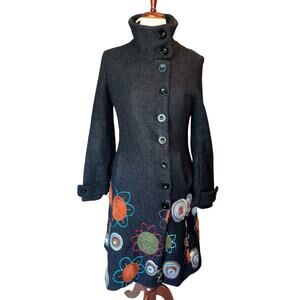 Desigual Embroidered Wool Blend Coat | Black Colorful Floral Longline | Size S
